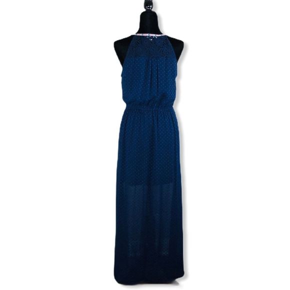Daniel Rainn Navy Swiss Dot Keyhole Sleeveless Ribbon Trim Maxi Dress size M - Picture 11 of 16